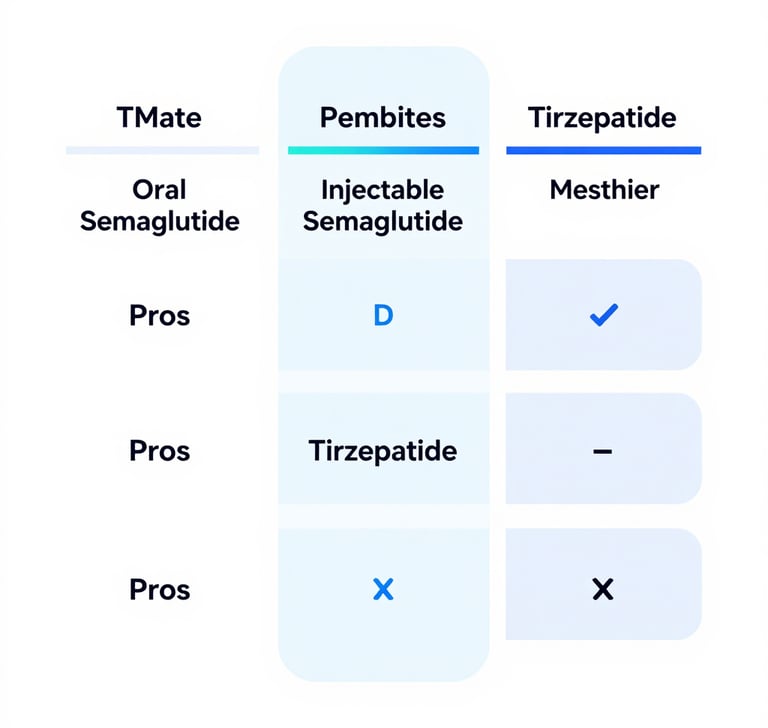 TMates oral semaglutide versus injectable GLP-1 options comparison showing best weight loss choice
