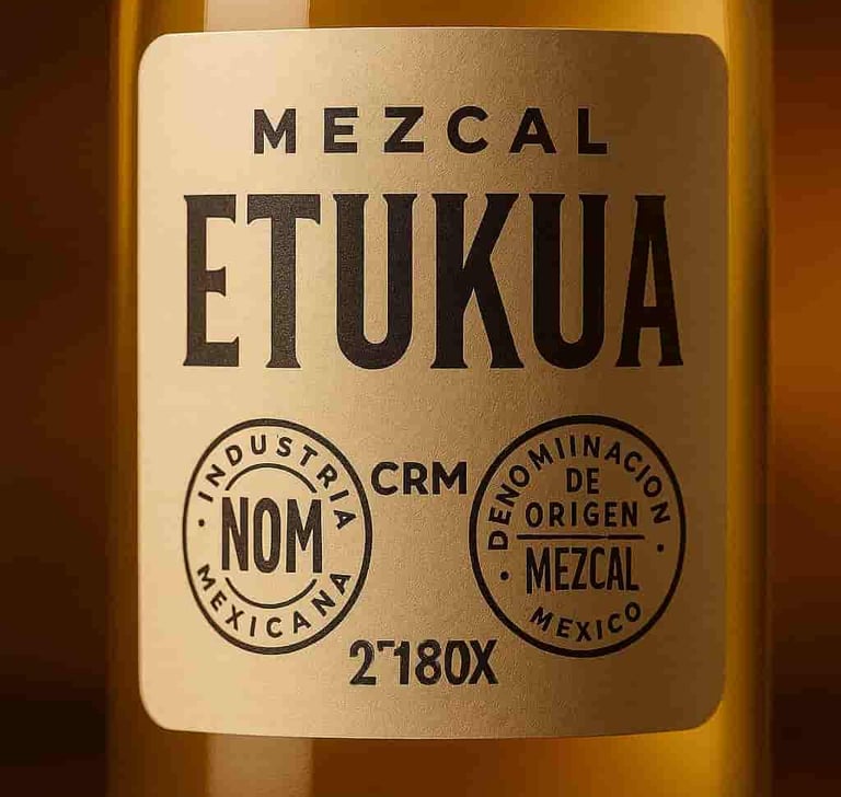  Diferentes botellas de mezcal artesanal Etukua alineadas, mostrando sus etiquetas y certificaciones
