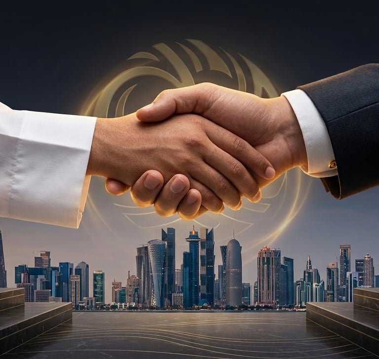 Professional handshake between business partners with the Doha Qatar skyline and a golden logo in the background.