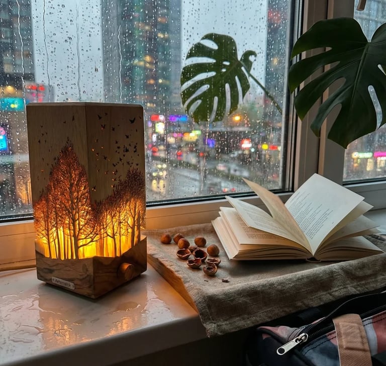 Portable outdoor lamp with sculptural design for cozy balcony, patio, and garden spaces.