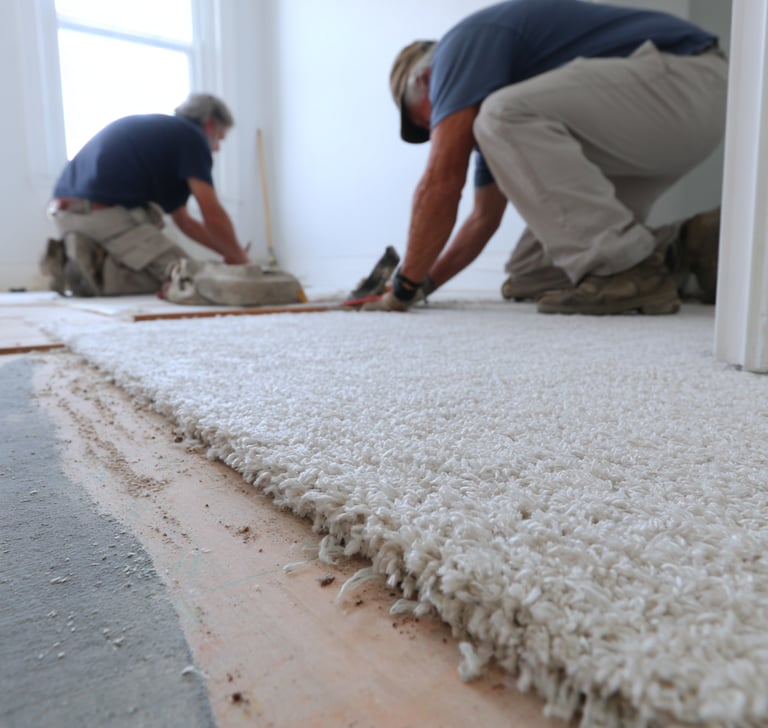 Professional carpet installers from Next Floors LLC working in Katy Texas home