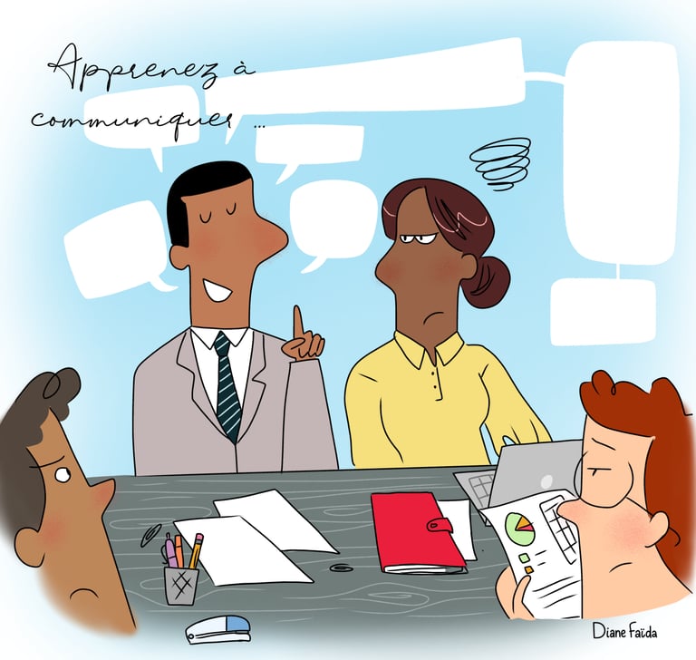 a cartoonish business cartoon of a man and woman? Réunion d'affaire. Communiquer. By Diane Mulolo Fa