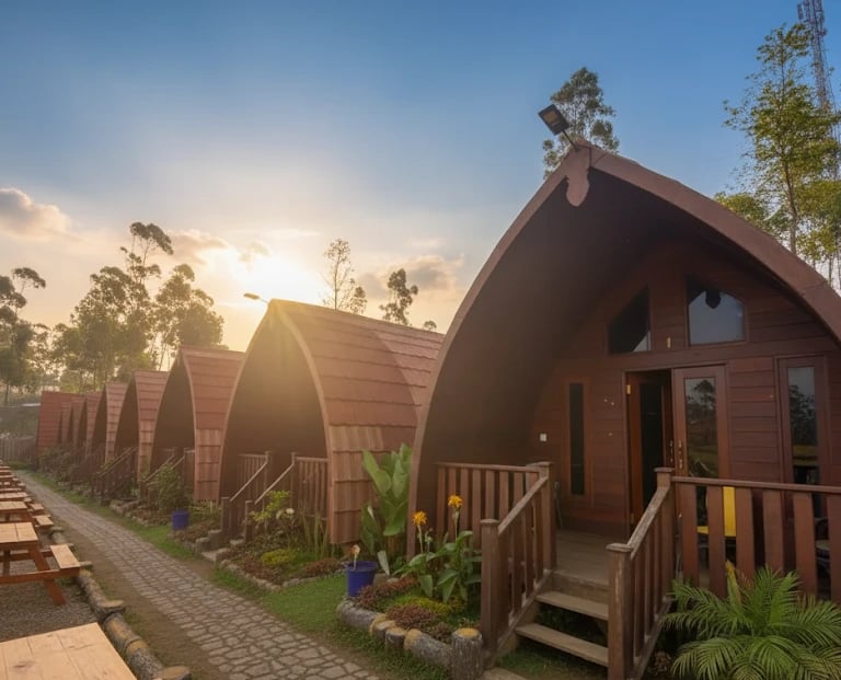 Pondok-pondok kayu unik dengan atap melengkung berjejer di area penginapan, dikelilingi taman, dengan latar belakang pohon da