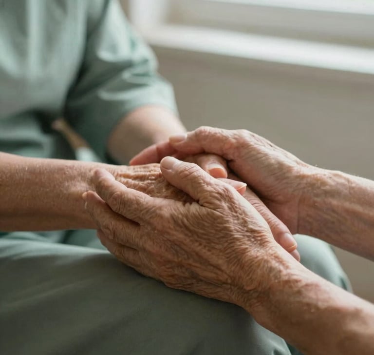A close-up of an elderly woman's hands resting warmly inside her caregiver's hands, soft natural window light, muted sage green tones, shallow depth of field, 35mm photography.