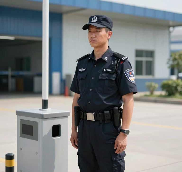 Medium shot of a disciplined security officer in clean navy uniform standing post at a modern industrial access control point, bright daylight.