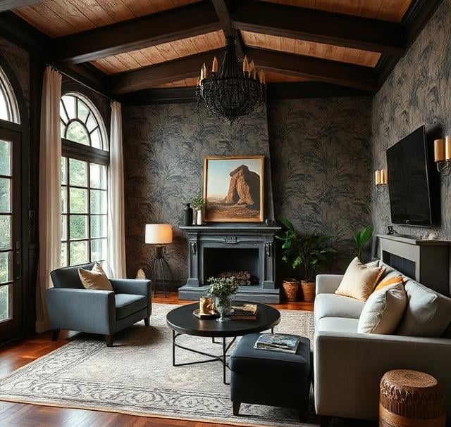 Rustic living room with dark wallpaper, wood beamed ceiling, stone fireplace, and modern furniture.