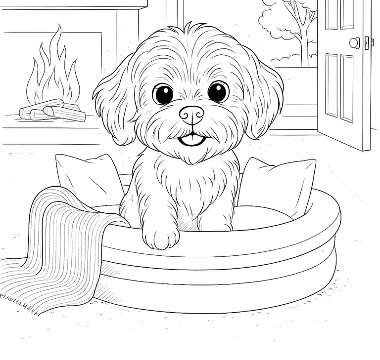 Black and white colouring sheet of Bella in a basket by a fire