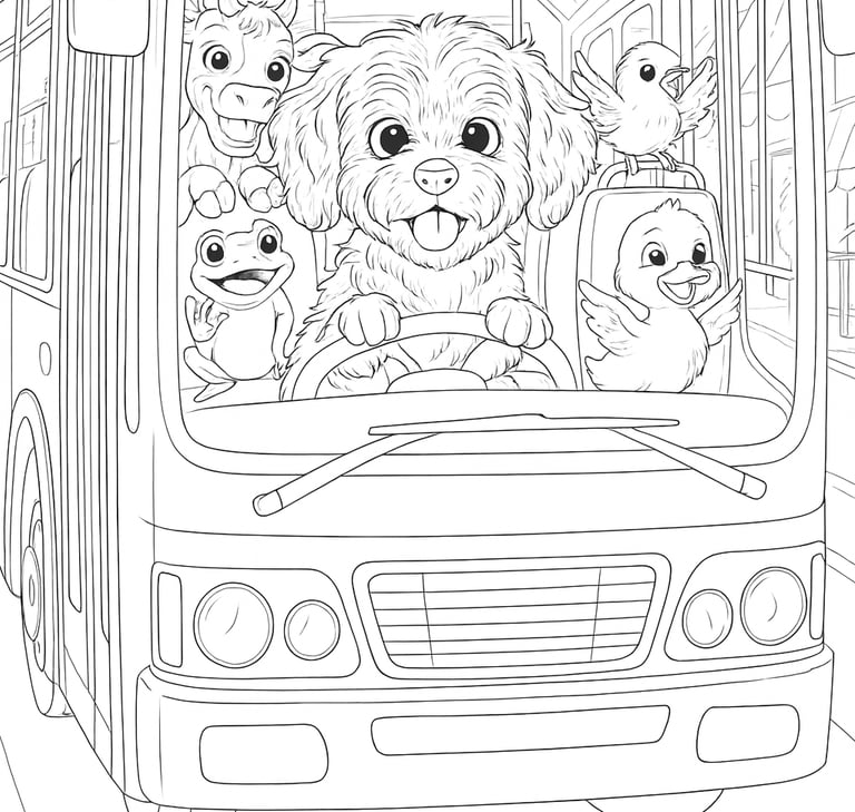Black and white colouring sheet of Bella on bus with animals.