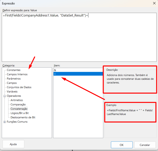 SSRS expression builder window showing string concatenation formula using the plus operator.