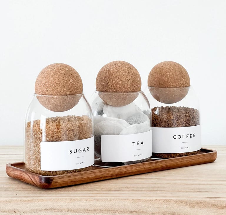 Minimalist glass canisters for sugar, tea, and coffee with round cork lids on a wooden tray.