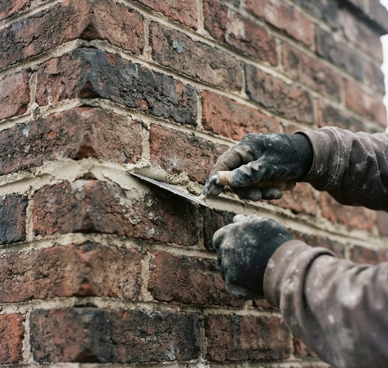 Close-up of a professional technician's hands performing tuckpointing on historic brick chimney mortar, clean and precise work, natural overcast daylight, rich brick reds and deep charcoals, sharp focus, 35mm lens