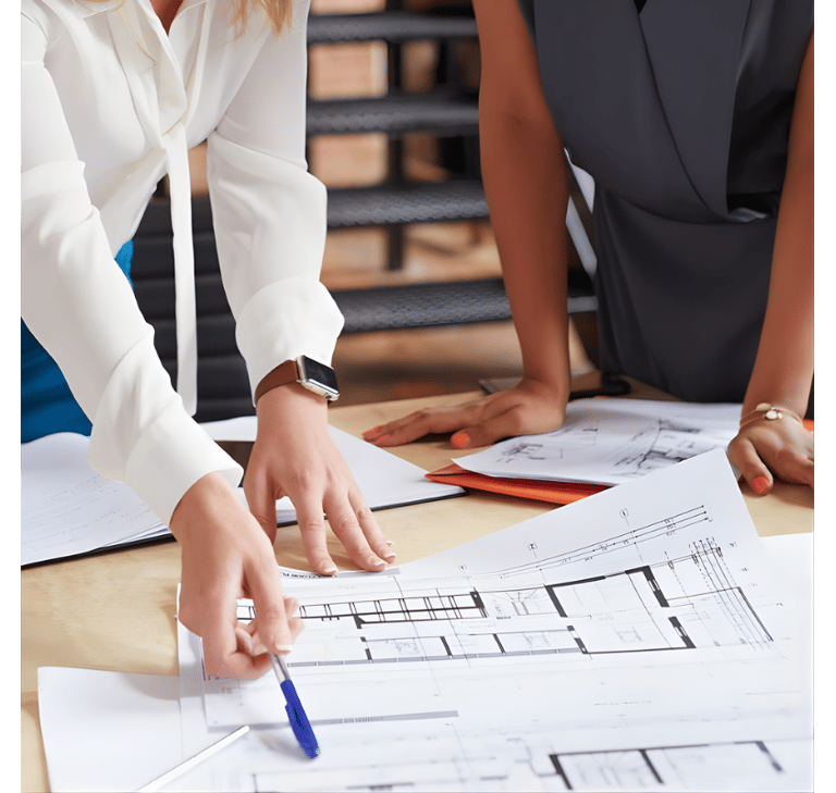 Two female architects reviewing floor plan blueprints on a desk for a building project.