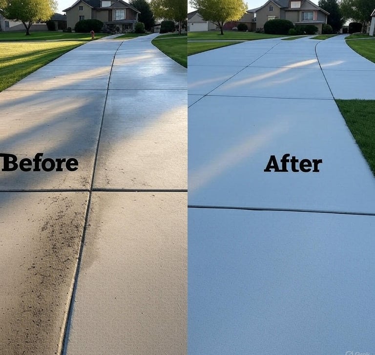 Before and after concrete driveway pressure washing in Salt Lake City by Peakwash