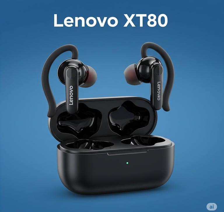 um par de fones de ouvido com o Lenovo X800 em primeiro plano