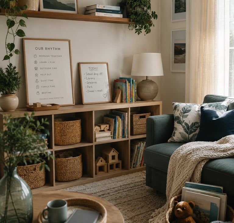 Cozy homeschool room with wooden shelves, woven baskets, indoor plants, and a daily rhythm chart for kids.