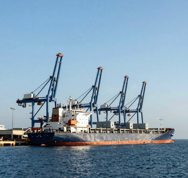 Wide-angle photograph of the Manzanillo port in Mexico, showing a massive cargo ship docked at a modern pier with giant ocean blue cranes, bright clear sky, deep navy blue sea, professional and industrial aesthetic.