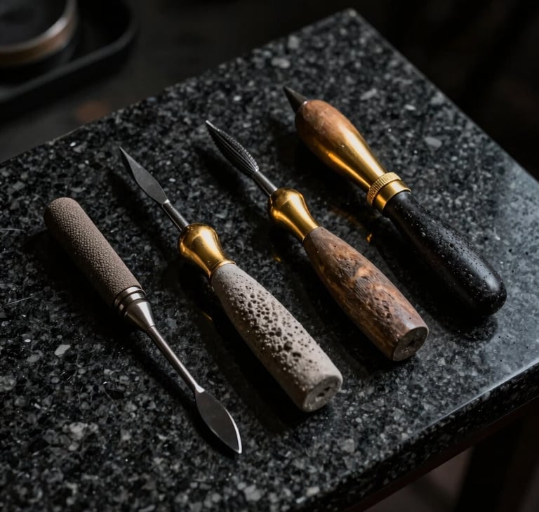 A dramatic close-up photograph of a professional artist's sculpting tools resting on a rough, dark granite surface. The scene is lit with strong chiaroscuro lighting, highlighting the metallic gold accents and the textures of the stone against deep black shadows. Sophisticated South American studio atmosphere.