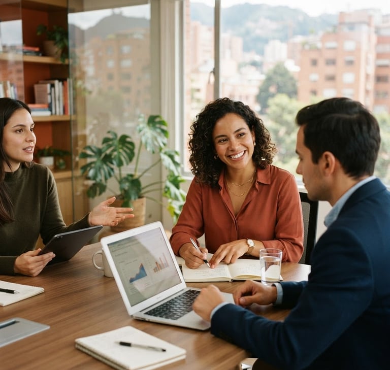 Professional collaborative meeting in a warm-toned Bogotá office, soft natural window light, deep navy and terracotta tones, shallow depth of field, 35mm photography.