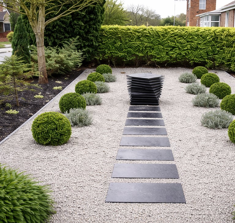 Modern front garden with gravel, box hedges and stepping stones – Yie Yang Landscape