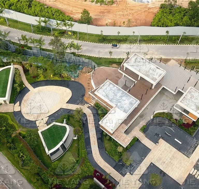 Aerial view of commercial landscape design with turf and garden beds – Yie Yang Landscape