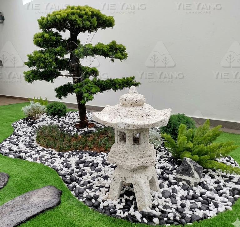 Indoor Japanese zen garden with bonsai pine and stone lantern – Yie Yang Landscape