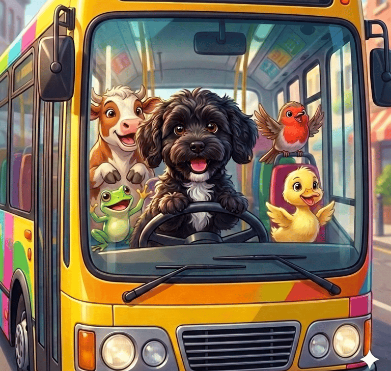 Colour sheet of Bella on bus with animals.