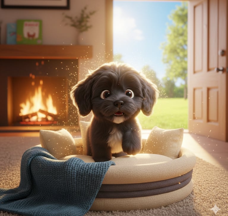 Colour sheet of Bella in a basket by a fire