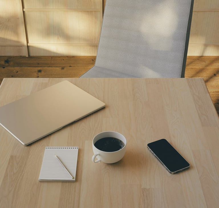 A modern workspace with a white chair in front of a desk iwith a closed laptop, notepad and pen, coffe cup, and smartphone.