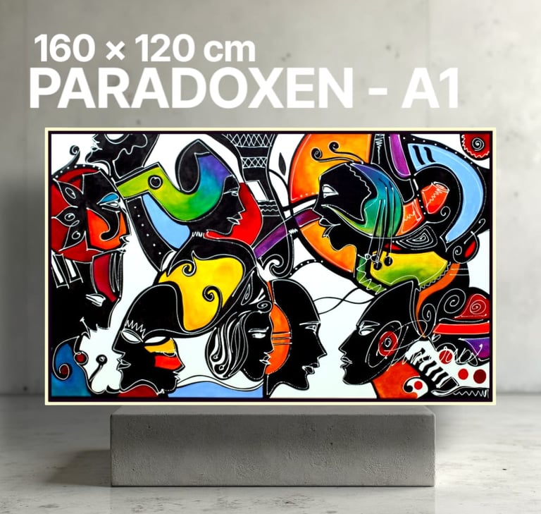 Abstraktes und figuratives Gemälde von Romeo Opincaru, lebendige Farben, Acryl auf Leinwand