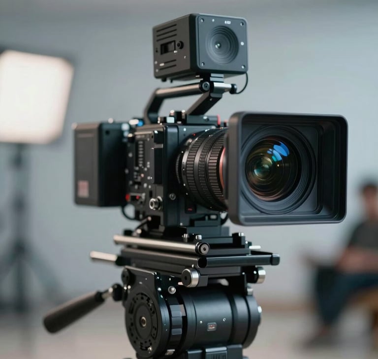 Close-up of a high-end 4K cinema camera mounted on a professional gimbal system. The camera lens has blue-tinted reflections (#415A77). The background is a blurred film set with soft bokeh in shades of #A0B0C0. Sophisticated and high-tech vibe.