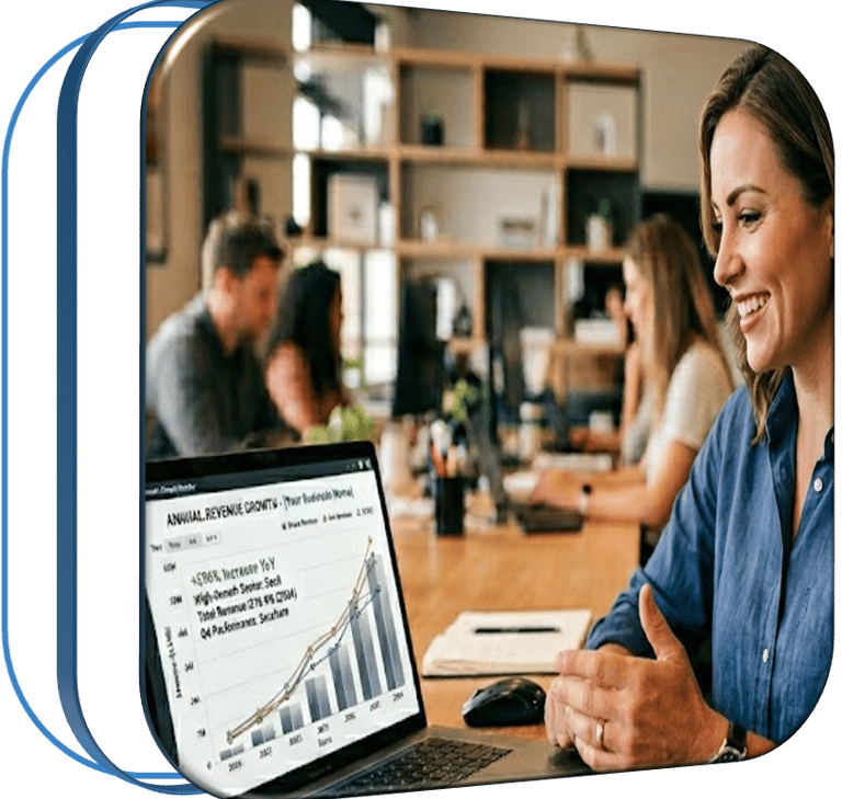 A smiling businesswoman analyzing an annual revenue growth chart on her laptop in a modern office.