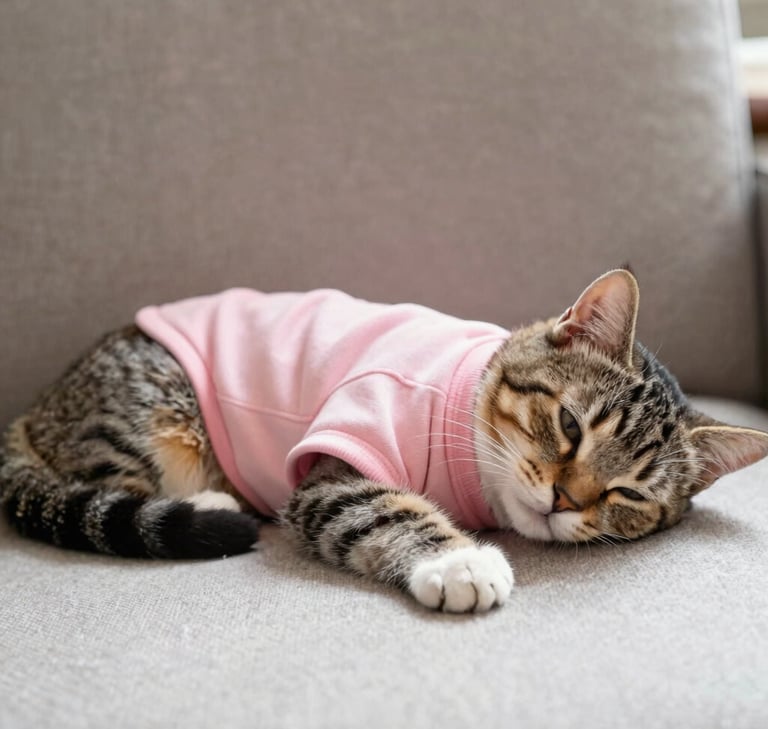 Gato atigrado acostado cómodamente vistiendo una sudadera rosa pastel de confección artesanal.