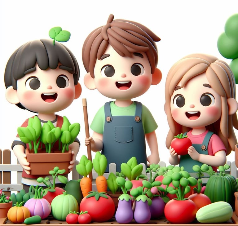 Crianças em 3D representando Alunos da EMI colhendo legumes na horta da escola