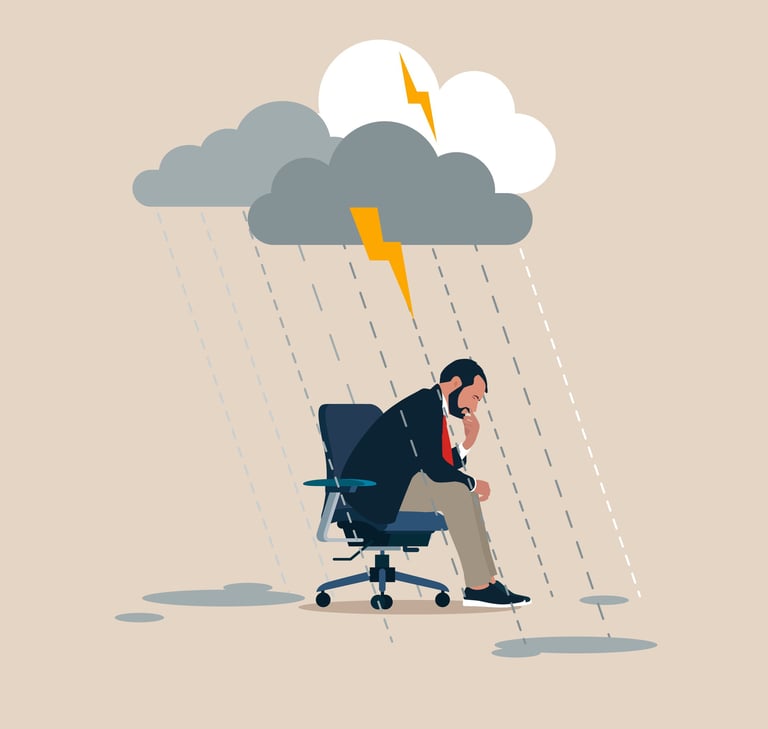 a man in a suit sitting in a chair in heavy rain and thunder