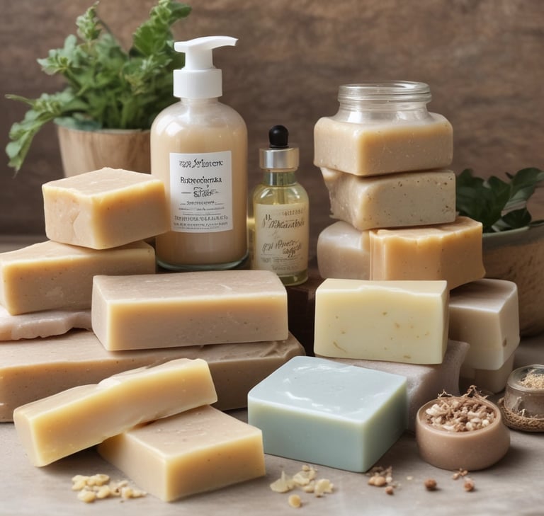 Three bottles of Earth Choice cleaning products are lined up on a wooden surface. The bottles have liquid inside and feature colorful labels with natural imagery like lemons and flowers. Each bottle is topped with a white cap, and the background is a solid teal color.