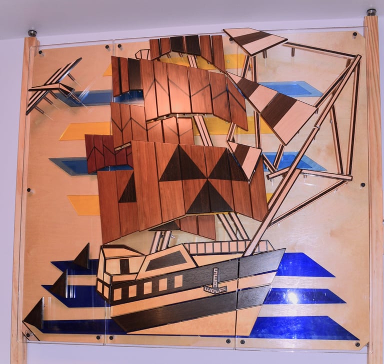 SEA WOLFpic-3 art plexi sections-1 baltic birch back-art supports-richWOODart.com-63"x43" 150 lbs.+