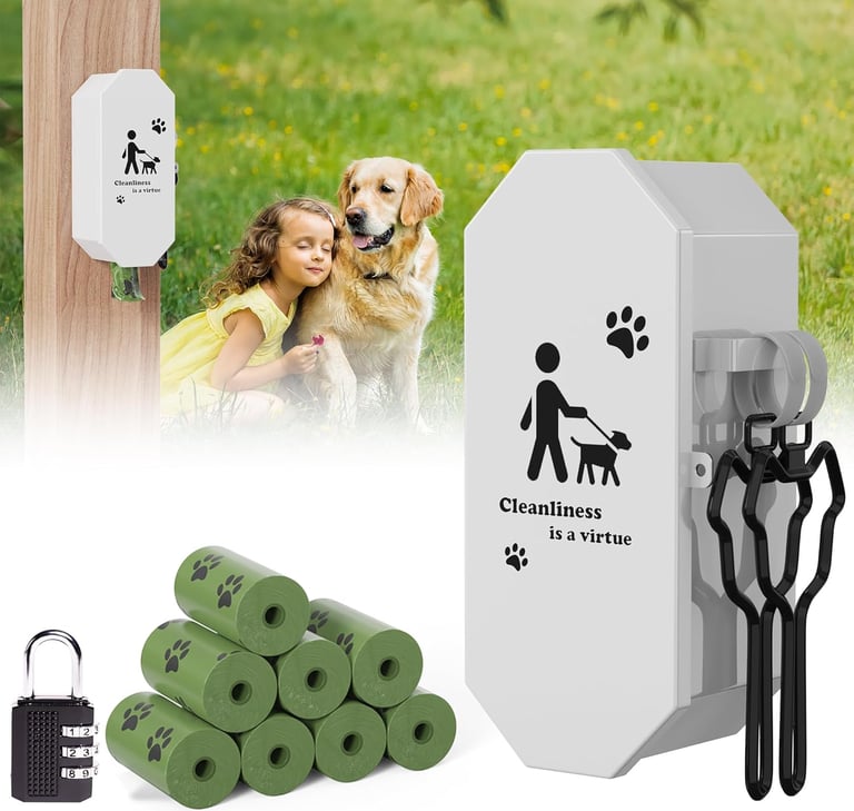 Metal wall-mounted dog waste bag dispenser with lock and refill rolls for backyard use.