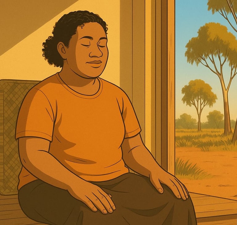 Tongan woman sitting calmly on veranda in Robinvale, eyes closed, relaxed in warm morning light among gum trees.