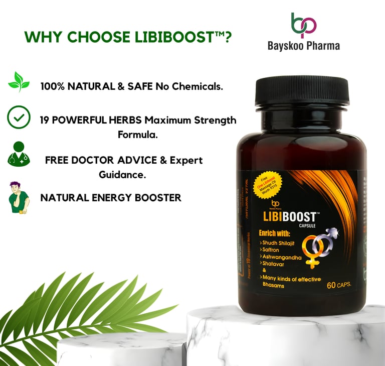 Libiboost natural men's vitality and stamina supplement bottle by BP Bayskoo Pharma