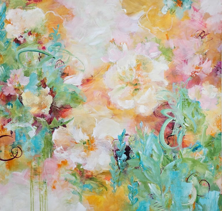 Abstract floral acrylics painting with soft pastel peonies, green leaves, and vibrant brushstrokes.