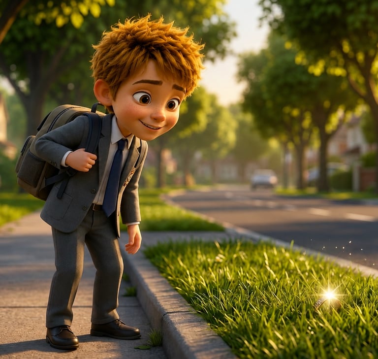 Young boy in a school suit with a backpack looks at a glowing object in the grass on a sunny suburban sidewalk.