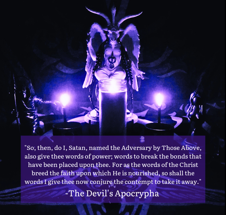 Occult Baphomet statue on a dark altar with purple lighting and a quote from The Devil's Apocrypha.