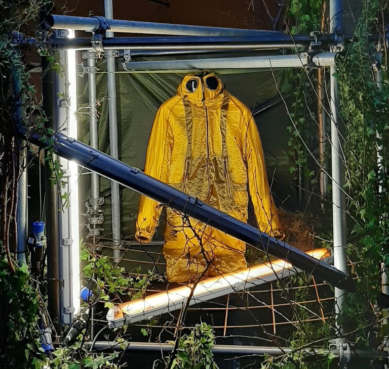 Allestimento tecnico outdoor con struttura in metallo e illuminazione LED, giacca futurista gialla