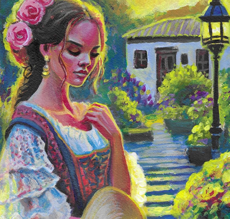 a painting of a woman in a dress and hat