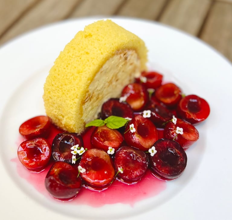 almond semifreddo with market cherries