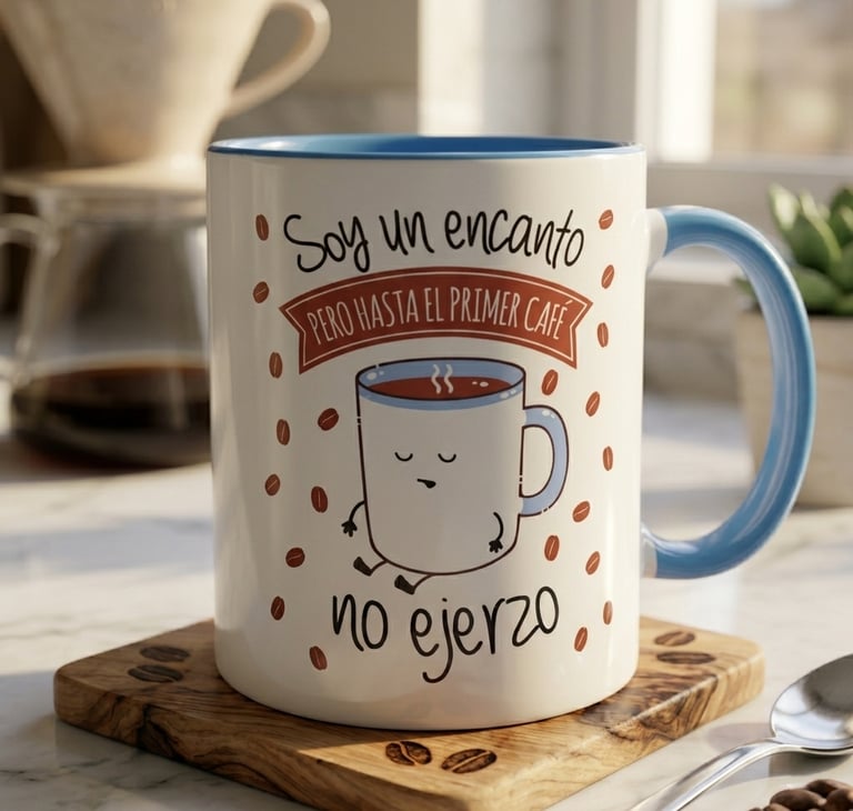 Taza con frase: Soy un encanto pero hasta el primer café no ejerzo. Regalo original para café.