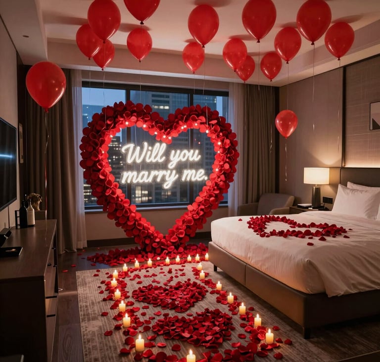 A softly lit hotel room with rose petal pathways, heart-shaped balloons, and a glowing 'I love you' banner above the bed.
