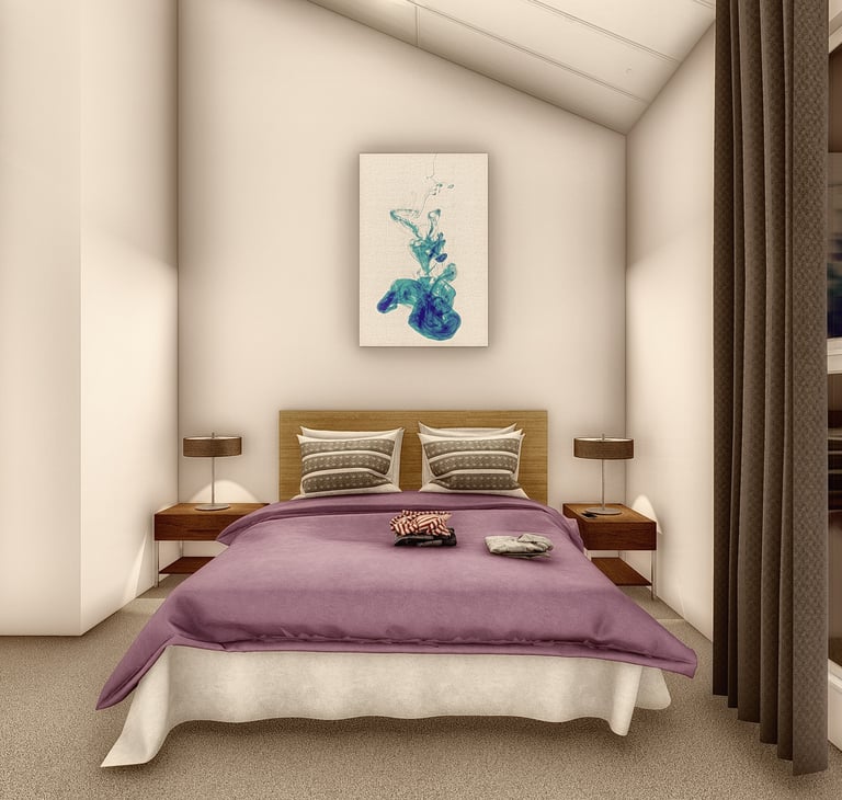 Modern bedroom interior with a purple bed, abstract wall art, and a large window overlooking trees.