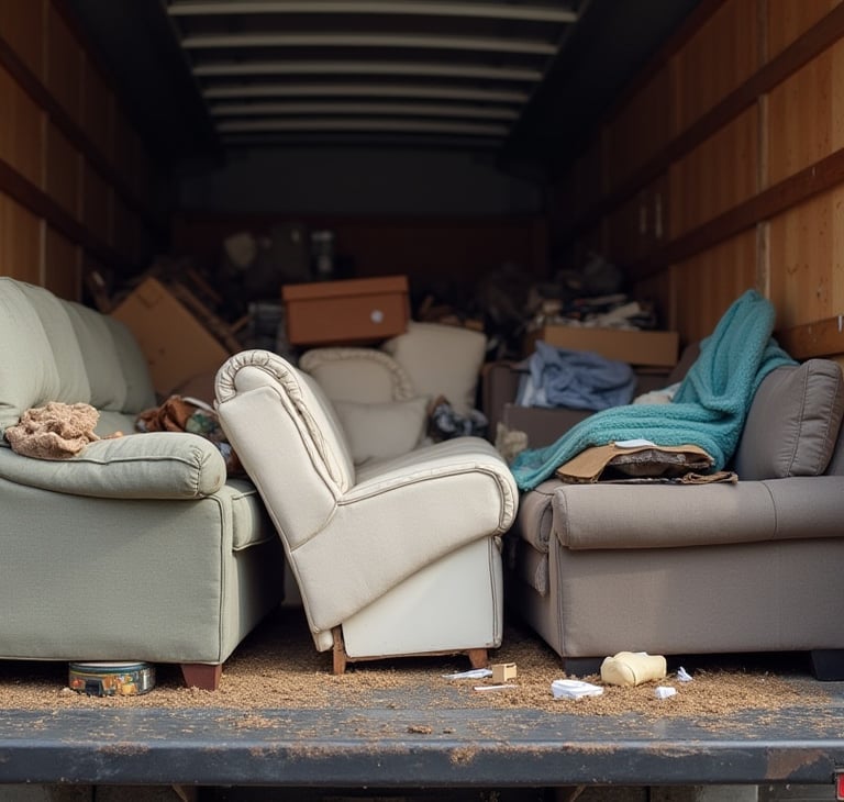 canada's most wanted movers truck with junk couches and chairs in the back of the truck