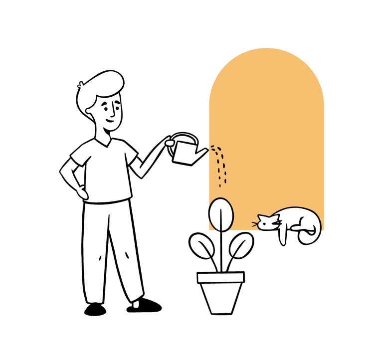 Ilustración de una persona regando plantas en su hogar, representando el estilo de vida sostenible promovido por Woodville.